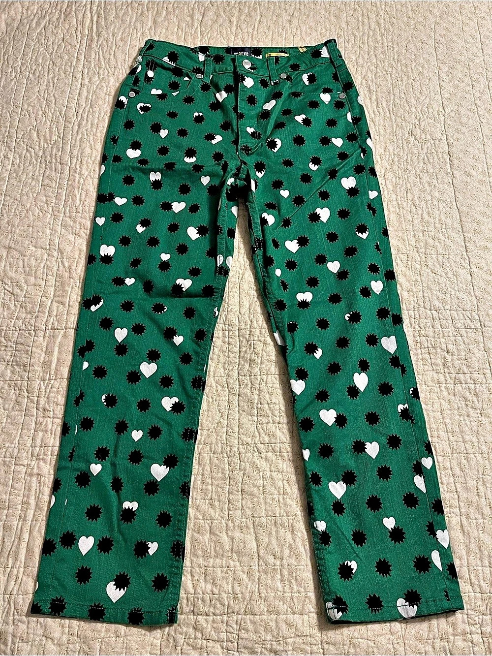 Anthropologie Maeve The Cigarette Slim Jeans Heart Print Green Waist 30 EUC